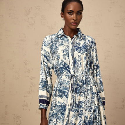 Tenley Blue and White Midi Dress with Pleated Detailing and Tied Waist
