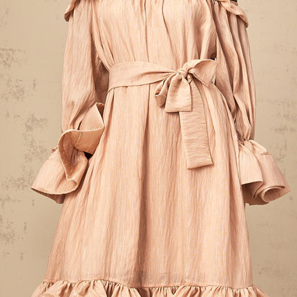 Tenley Pink Midi Dress Terylene Ruffled Long Sleeve Calf Length