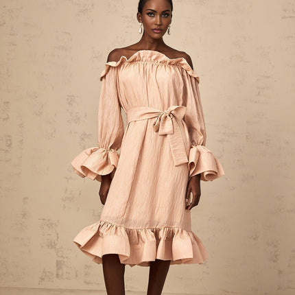 Tenley Pink Midi Dress Terylene Ruffled Off-Shoulder Long Sleeve Calf-Length
