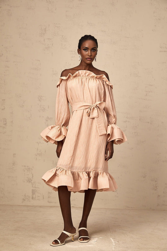 Tenley Pink Midi Dress Terylene Ruffled Off-Shoulder Long Sleeve Calf-Length