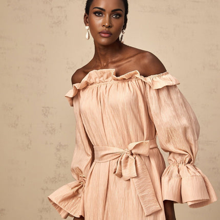 Tenley Pink Midi Dress Terylene Ruffled Long Sleeve Calf Length Elegant Sophisticated Slip On Women's Dress