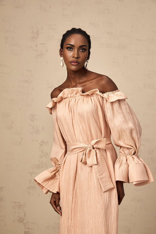 Tenley Pink Midi Dress Terylene Ruffled Long Sleeve Calf Length Elegant Sophisticated Slip On Women's Dress