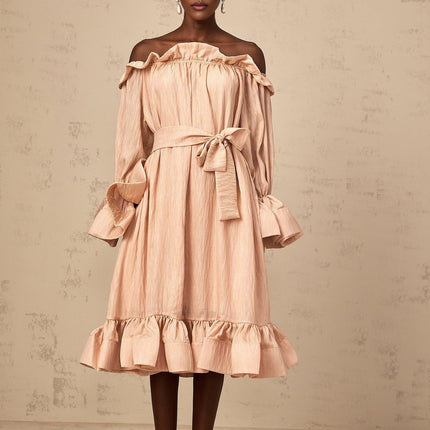 Tenley Pink Midi Dress Terylene Fiber Ruffled Detailing Long Sleeves Calf-length Hem
