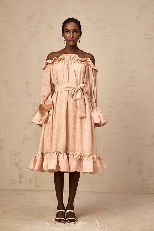 Tenley Pink Midi Dress Terylene Fiber Ruffled Detailing Long Sleeves Calf-length Hem
