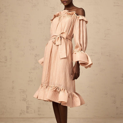 Tenley Pink Midi Dress Terylene Ruffled Long Sleeve Calf-Length Elegant Dress
