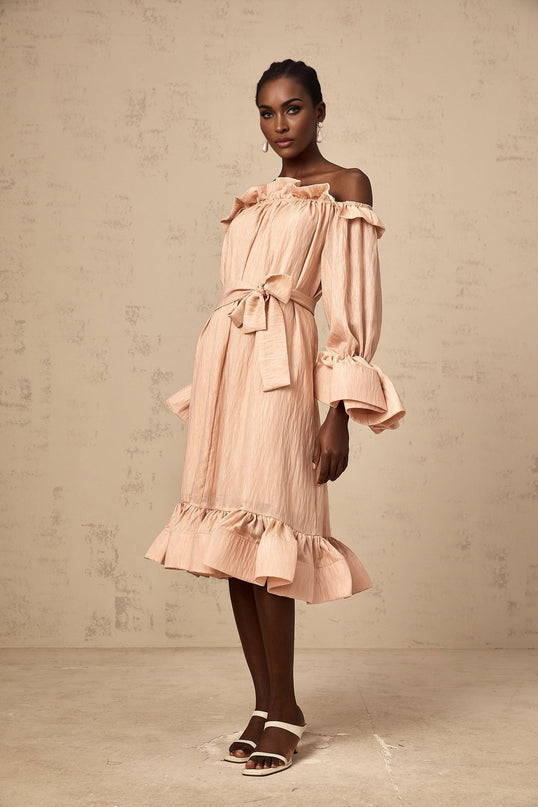 Tenley Pink Midi Dress Terylene Ruffled Long Sleeve Calf-Length Elegant Dress