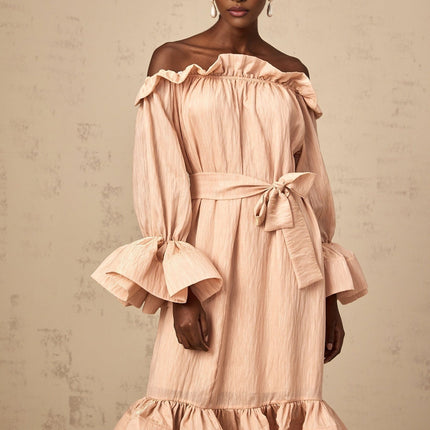 Tenley Pink Midi Dress Terylene Ruffled Long Sleeve Calf-Length