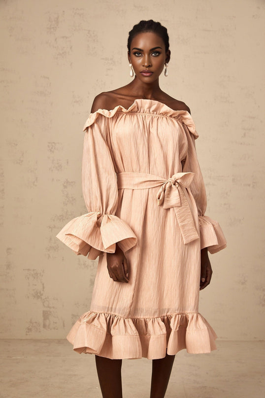 Tenley Pink Midi Dress Terylene Ruffled Long Sleeve Calf-Length