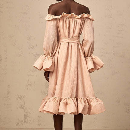 Tenley Pink Midi Dress Terylene Fiber Ruffled Detailing Long Sleeves Calf-Length Hem