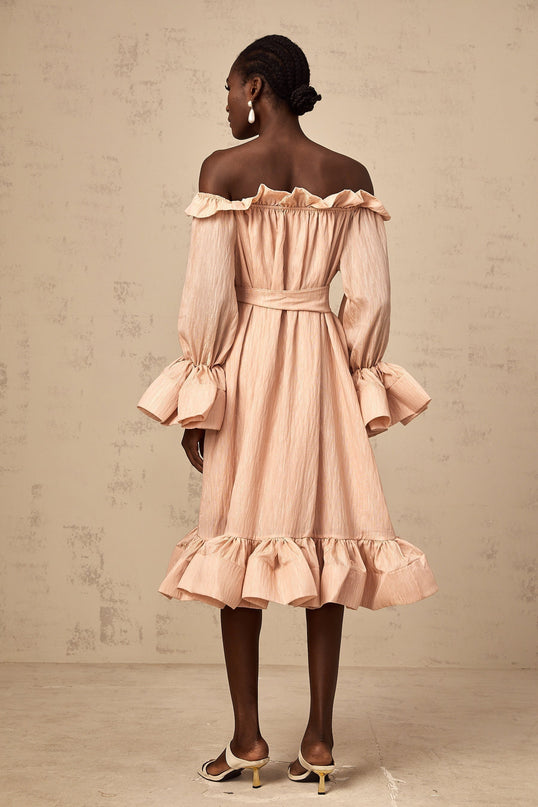 Tenley Pink Midi Dress Terylene Fiber Ruffled Detailing Long Sleeves Calf-Length Hem