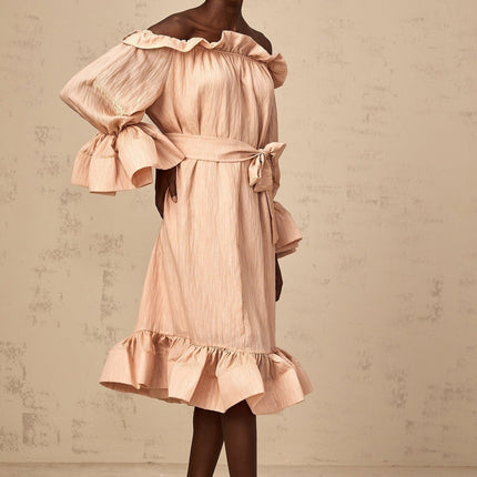 Tenley Pink Midi Dress Terylene Ruffled Long Sleeve Calf-Length