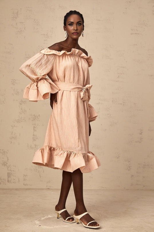 Tenley Pink Midi Dress Terylene Ruffled Long Sleeve Calf-Length
