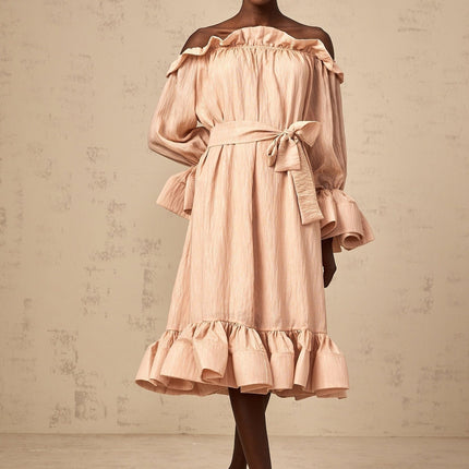 Tenley Pink Ruffled Midi Dress Terylene Fiber Long Sleeves