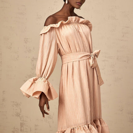 Tenley Pink Ruffled Midi Dress Terylene Fiber Long Sleeve Calf Length