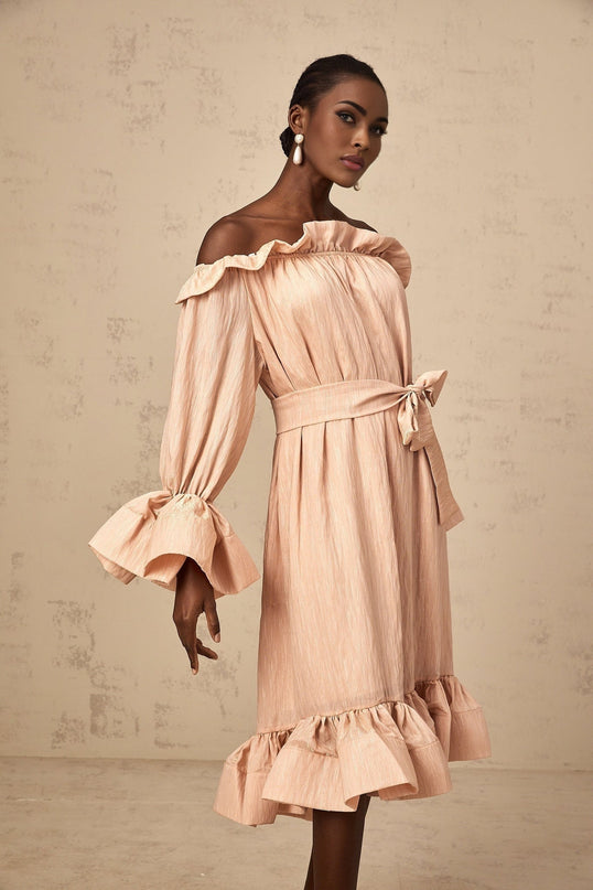 Tenley Pink Ruffled Midi Dress Terylene Fiber Long Sleeve Calf Length