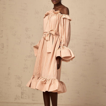 Tenley Pink Ruffled Midi Dress Terylene Fiber Long Sleeve Calf Length