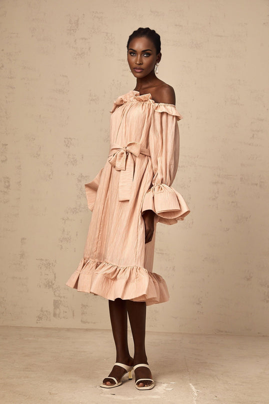 Tenley Pink Ruffled Midi Dress Terylene Fiber Long Sleeve Calf Length