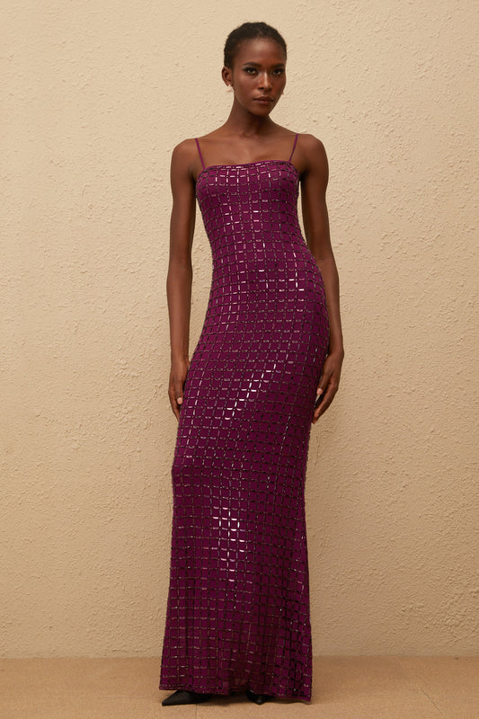 Térébenthine Purple Rhinestone Mesh Maxi Dress