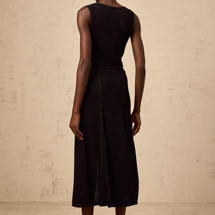 Teresa Black Knit Top Skirt Set Pointelle V Neck Sleeveless Ribbed Hem Buttons Elasticated Waistband Front Slit Decorative Buttons Calf-Length