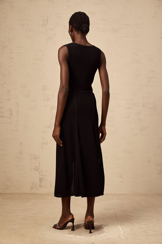 Teresa Black Knit Top Skirt Set Pointelle V Neck Sleeveless Ribbed Hem Buttons Elasticated Waistband Front Slit Decorative Buttons Calf-Length