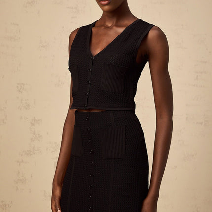 Teresa Black Knit Top and Skirt Set Pointelle Viscose Nylon Elegant Modern Silhouette