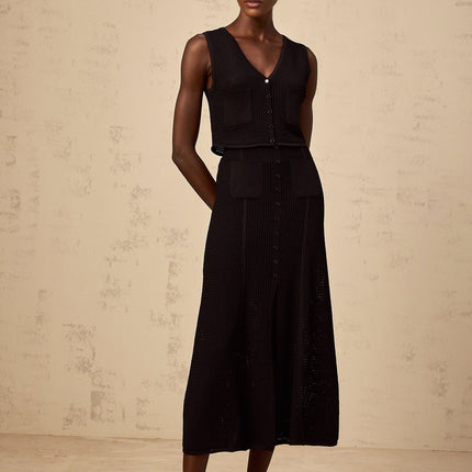 Teresa Black Pointelle Knit Top Skirt Set with Buttons and Slit
