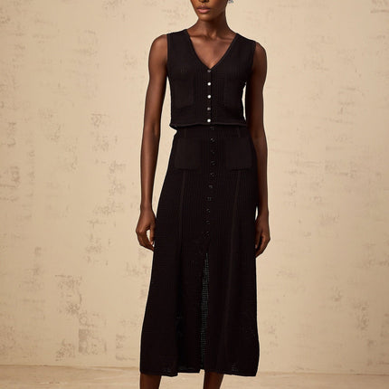 Teresa Black Pointelle Knit Top Skirt Set V Neck Sleeveless Front Patch Pockets Ribbed Hem Front Buttons Elasticated Waistband Front Slit Decorative Buttons Luxury Modern Silhouette Half Lining Calf Length