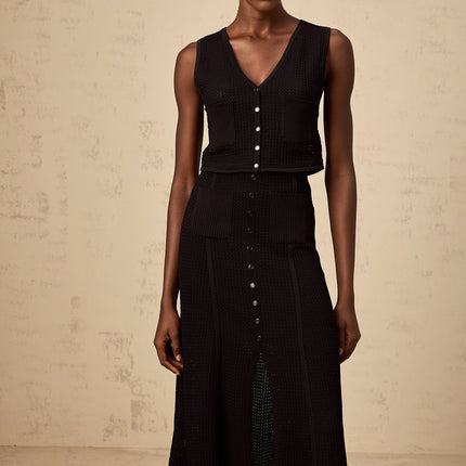 Teresa Black Top Skirt Set Pointelle Knit V Neck Sleeveless Patch Pockets Ribbed Hem Front Buttons Elasticated Waistband Front Slit Decorative Buttons Modern Silhouette Half Lining Calf Length