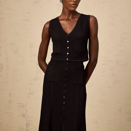 Teresa Black Top and Skirt Set Pointelle Knit