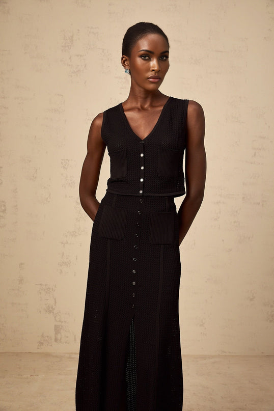 Teresa Black Top and Skirt Set Pointelle Knit