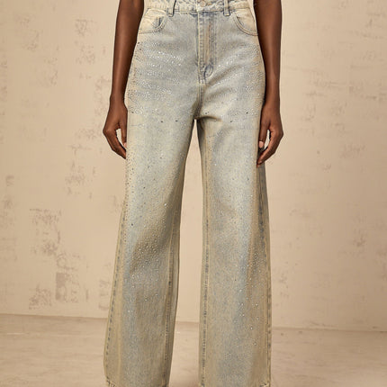 Teresa Blue Denim Wide Leg Jeans with Rhinestone Embellishments