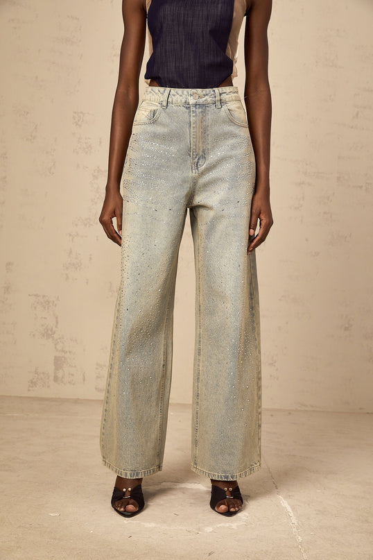 Teresa Blue Denim Wide Leg Jeans with Rhinestone Embellishments