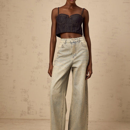 Teresa Blue Denim Wide Leg Jeans with Rhinestone Embellishments