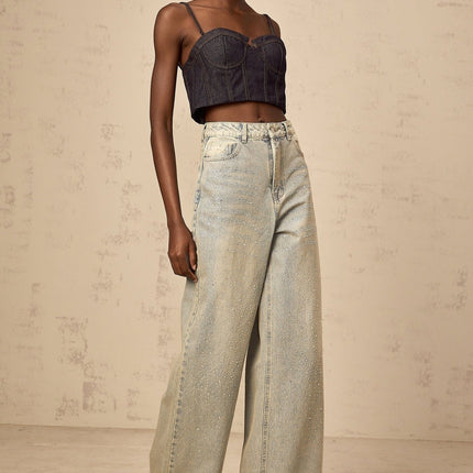 Teresa Denim Jeans Wide Leg in Light Blue with Rhinestone Embellishments