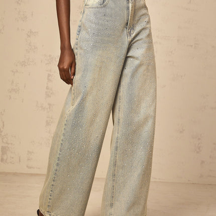 Teresa Denim Jeans Wide Leg in Blue with Rhinestone Embellishments