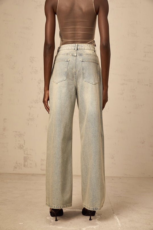 Teresa Denim Jeans Wide Leg in Light Blue with Rhinestone Embellishments