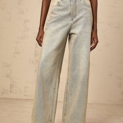 Teresa Denim Jeans Wide Leg in Blue with Rhinestone Embellishments