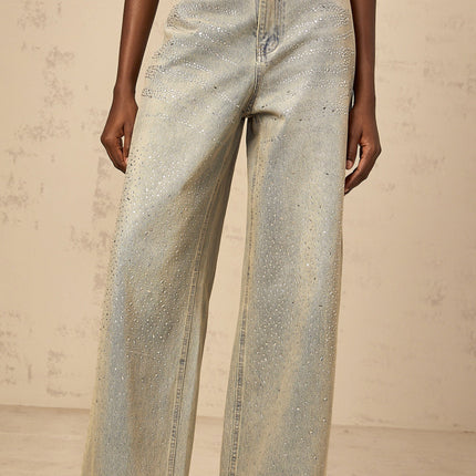 Teresa Denim Jeans Wide Leg in Light Blue with Rhinestone Embellishments