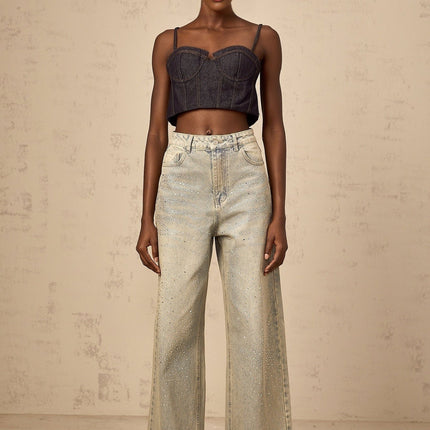 Teresa Denim Jeans Wide Leg in Light Blue with Rhinestone Embellishments