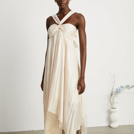 Teresa Halterneck Midi Dress in Neutrals 100% Terylene Lace Trim A-line Square Neck Rear Zip Midi-Length
