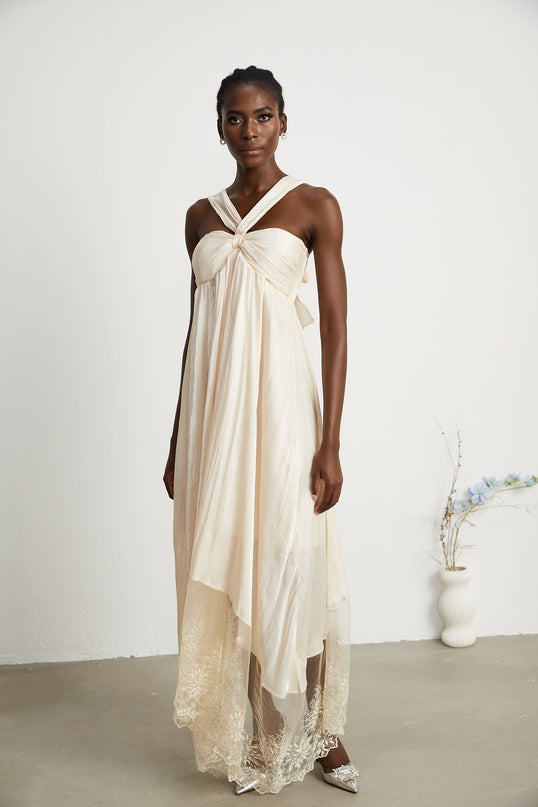Teresa Halterneck Midi Dress in Neutrals 100% Terylene Lace Trim A-line Square Neck Rear Zip Midi-Length