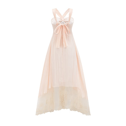 Teresa Halterneck Midi Dress in Neutrals crafted from 100% Terylene with lace trim and A-line silhouette