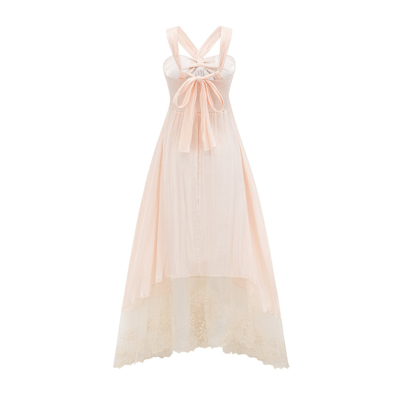 Teresa Halterneck Midi Dress in Neutrals crafted from 100% Terylene with lace trim and A-line silhouette