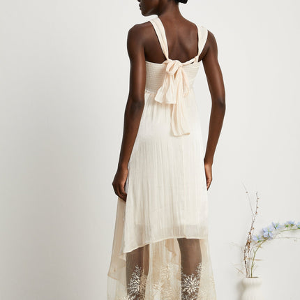 Teresa Halterneck Midi Dress in Neutrals lace trim high-waisted A-line silhouette square neck rear zip fastening midi-length statement piece