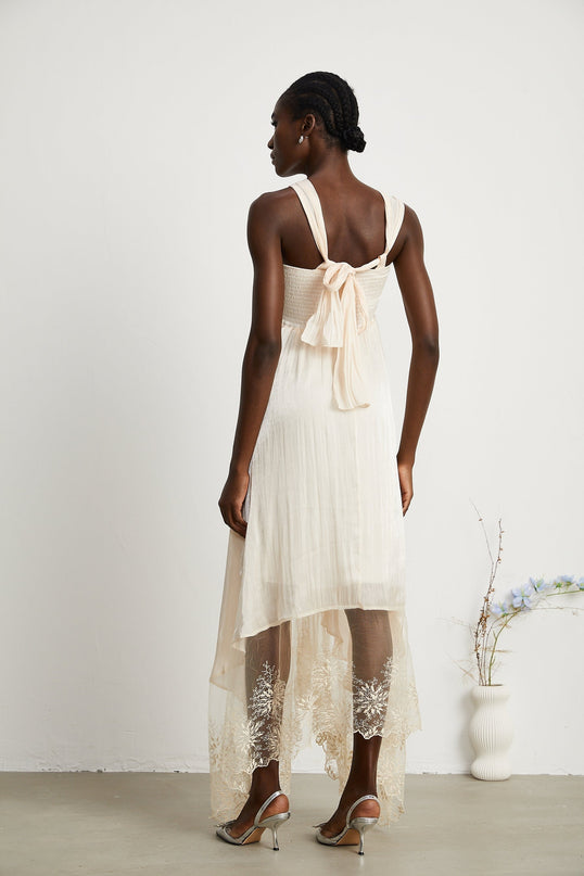 Teresa Halterneck Midi Dress in Neutrals lace trim high-waisted A-line silhouette square neck rear zip fastening midi-length statement piece