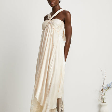 Teresa Halterneck Midi Dress in Neutrals crafted from 100% Terylene with lace trim and A-line silhouette
