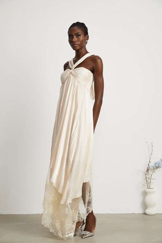 Teresa Halterneck Midi Dress in Neutrals crafted from 100% Terylene with lace trim and A-line silhouette
