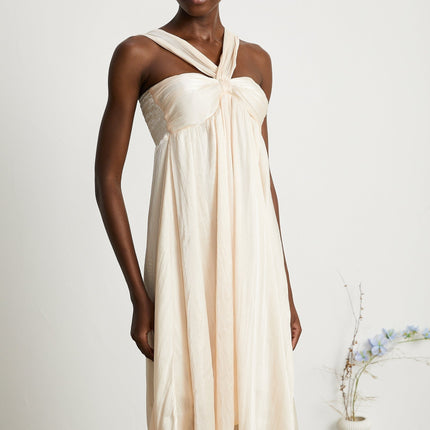 Teresa Halterneck Midi Dress in Neutrals crafted from 100% Terylene with lace trim and A-line silhouette