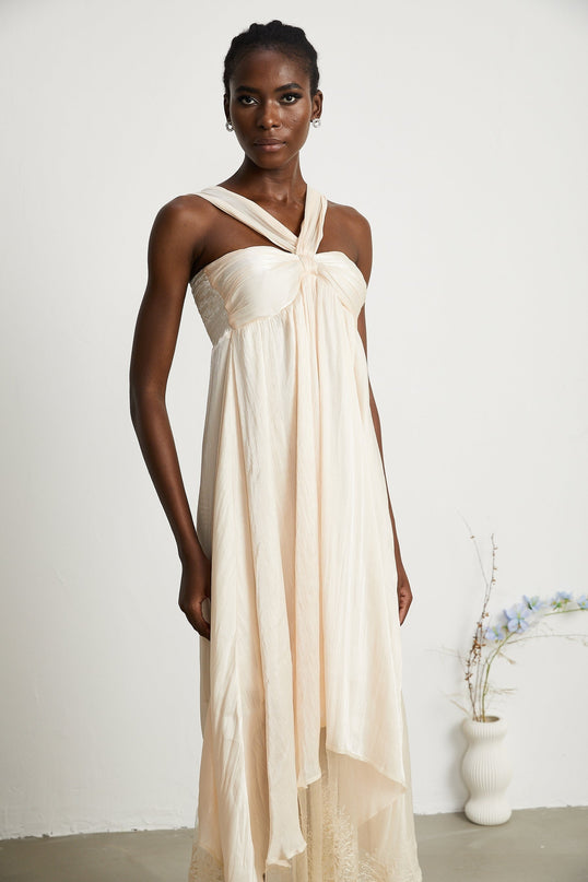 Teresa Halterneck Midi Dress in Neutrals crafted from 100% Terylene with lace trim and A-line silhouette