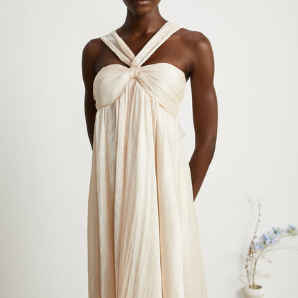 Teresa Halterneck Midi Dress in Neutrals crafted from 100% Terylene with lace trim and A-line silhouette